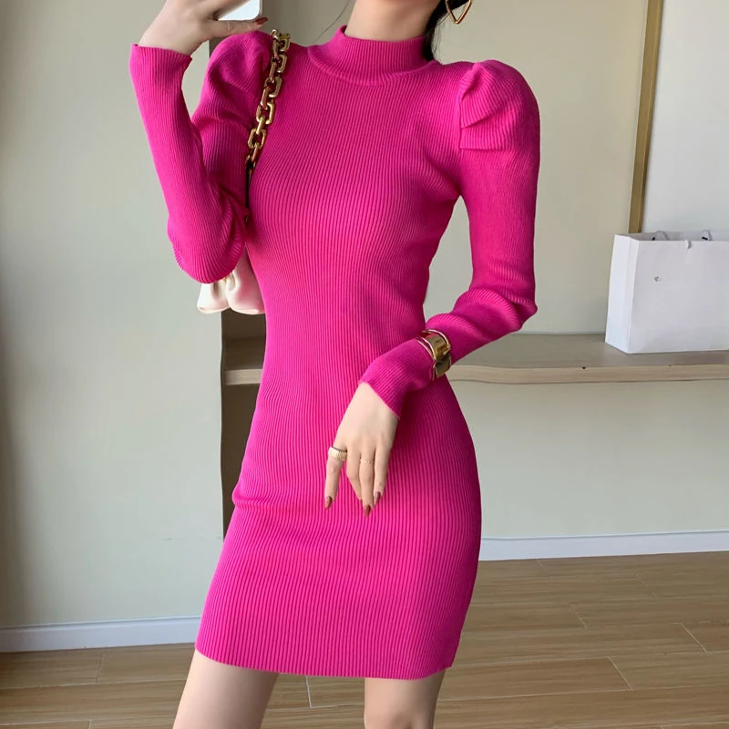 Pink Crochet Female Dress Knit Extreme Mini Women\'s Dresses Black Turtleneck Solid Short Clothing Trendy Offer Elegant Hot Y2k