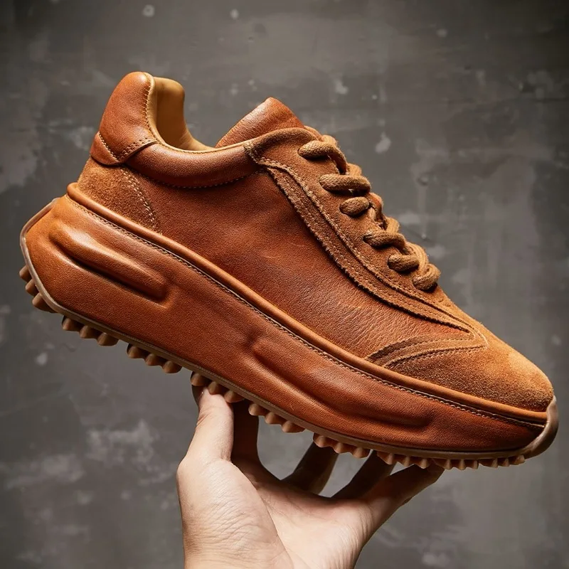 

Мужские белые туфли из конской кожи, высококачественные модные туфли для увеличения роста, дышащие, из конской кожи, прошитые, повседневные спортивные туфли в стиле «папиных» кроссовок