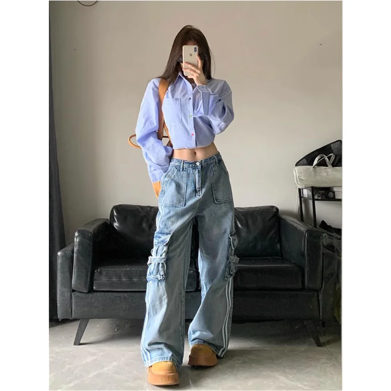 2024 Blue Women's Jeans Hip-hop Fashion Vintage Streetwear Y2K Wide Leg Straight Jean High Waist Trouser Baggy Cargo Denim Pants