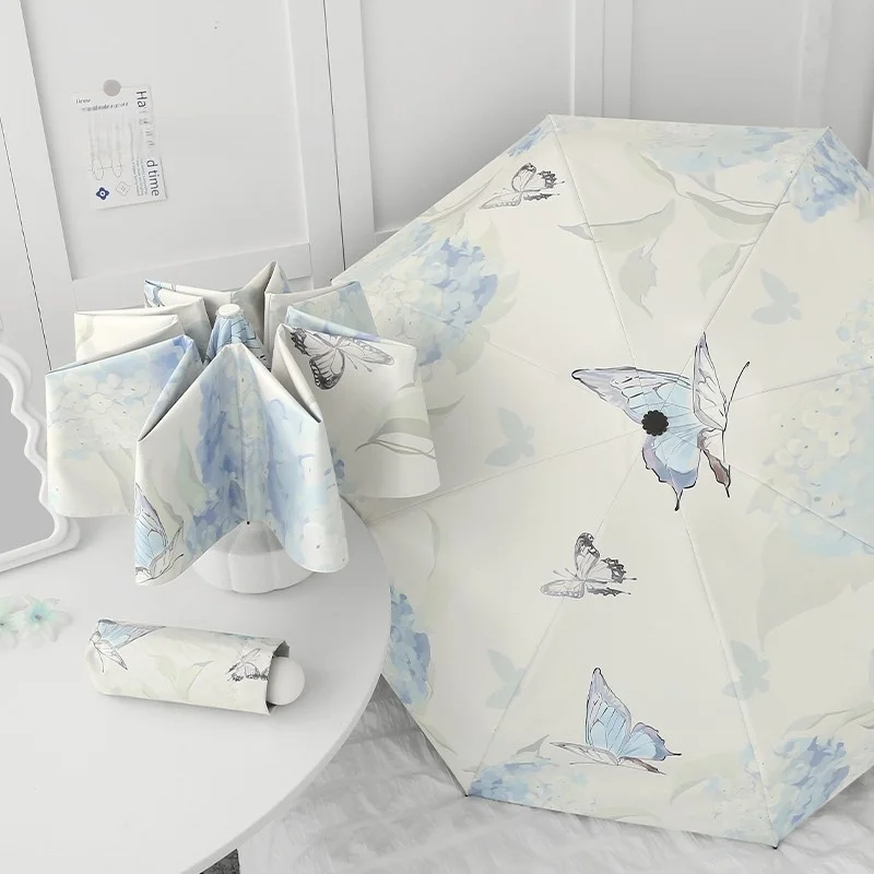 

Small Fresh Butterfly Umbrella Sun Rain Dual Use Three Fold Eight Bone Fold Umbrella Sun Proof Anti UV Black Glue Sun Shade