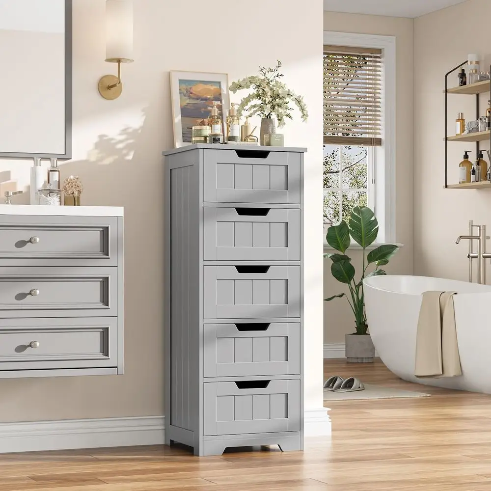 Grey 5-Shelf Narrow Bathroom Storage Cabinet with Cut-Out Handles, 11.8 x 15.7 x 40.1, Ideal for Small Spaces & Laundry/Hallway