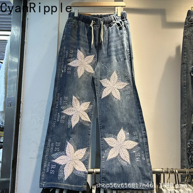 Fashionable New Spring Summer Women Denim Pants Hot Drilling Letters Embroidery Elastic Waist Casual Wide Leg Straight Jeans