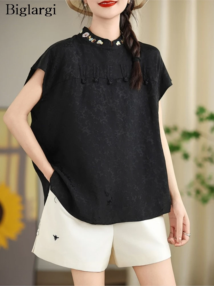 Oversized Summer Pullover Chinese Style Tops Women Print Embroidery Fashion Ladies Blouses Loose Casual Short Sleeve Woman Tops