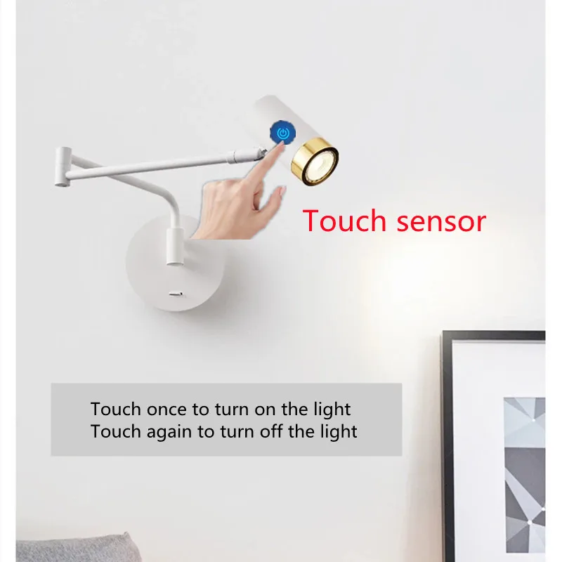 Modern Adjustable LED Touch Sensor Wall Lamps Swing Long Arm Internal Wall Switch Household Bedside Lighting Decor Sconce Lights