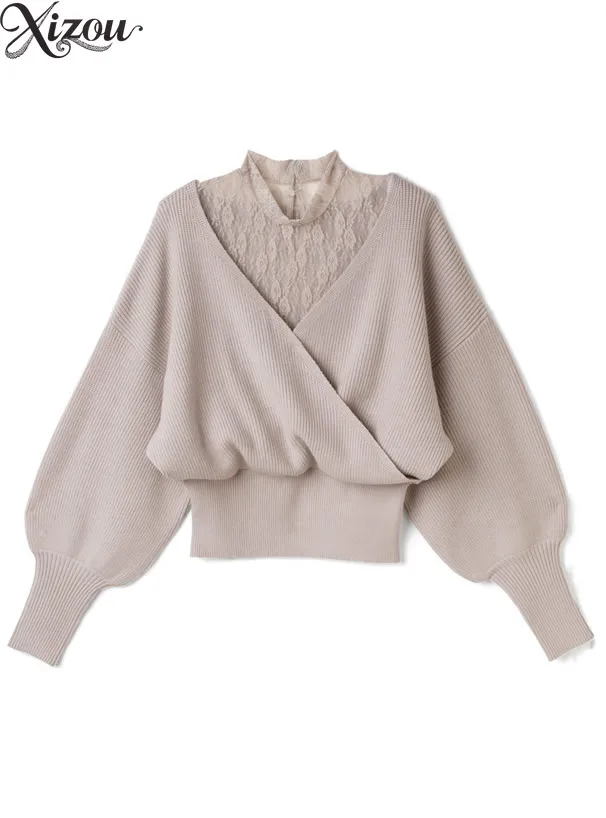 Damskie swetry z dzianiny w stylu japońskim na rok 2025, z odkrytymi ramionami, koronkowym kołnierzykiem, patchworkiem, długimi rękawami, dopasowany sweter, koreański pulower, jednolity kolor.