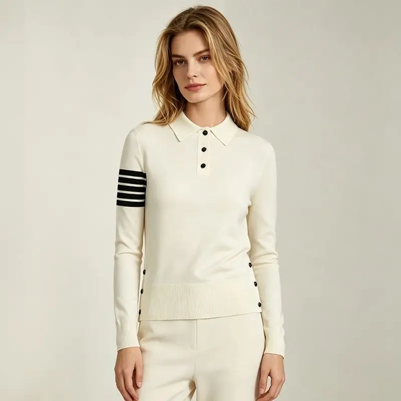 2026 New Women Golf Collared Knit Top Color‑Block Striped Sleeve Luxury Elastic Long Sleeve Ladies Sports Golf Shirt