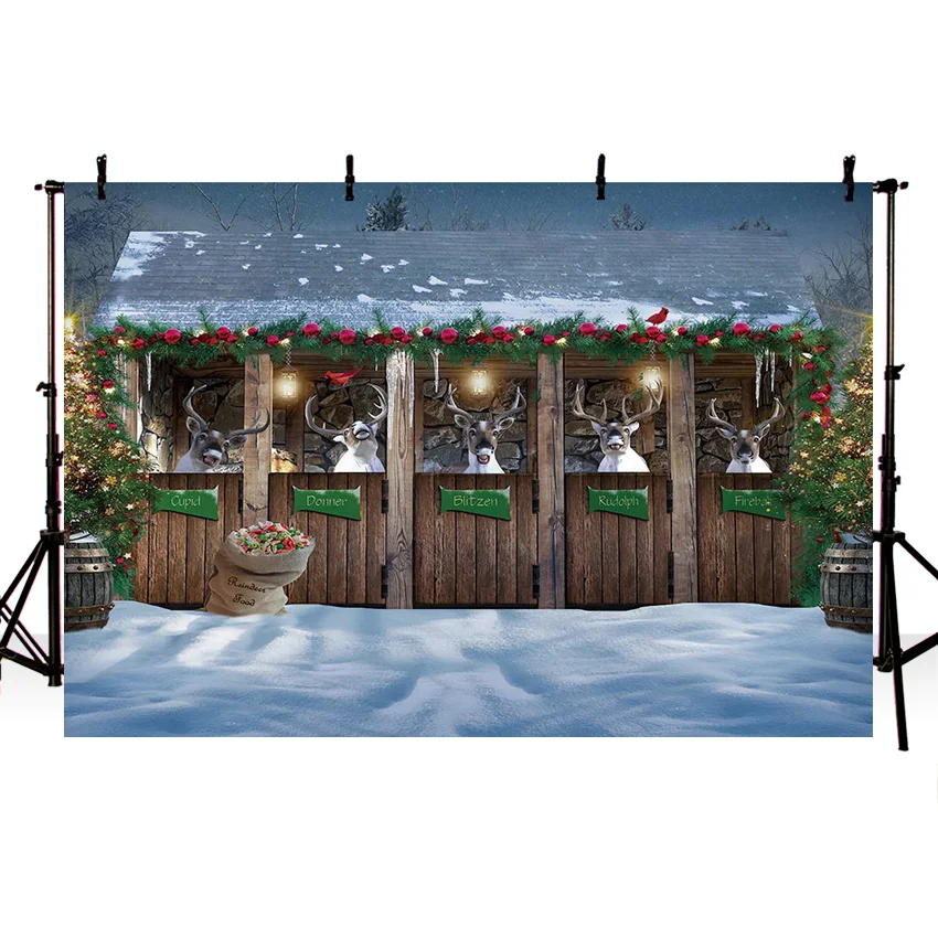 Mehofond-fondos de Fotografía de Invierno al aire libre, decoración de ciervo de Feliz Navidad, casa de madera, árbol de Navidad, bosque, noche, nieve, fondo