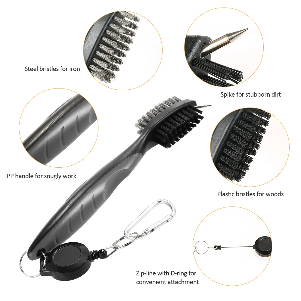 Golf Club Pinsel Nut Reiniger Einziehbare Doppelseitige Nylon Borsten Aluminium Karabiner Nut Reiniger Nut Reinigung Tool Kit – Detail 5