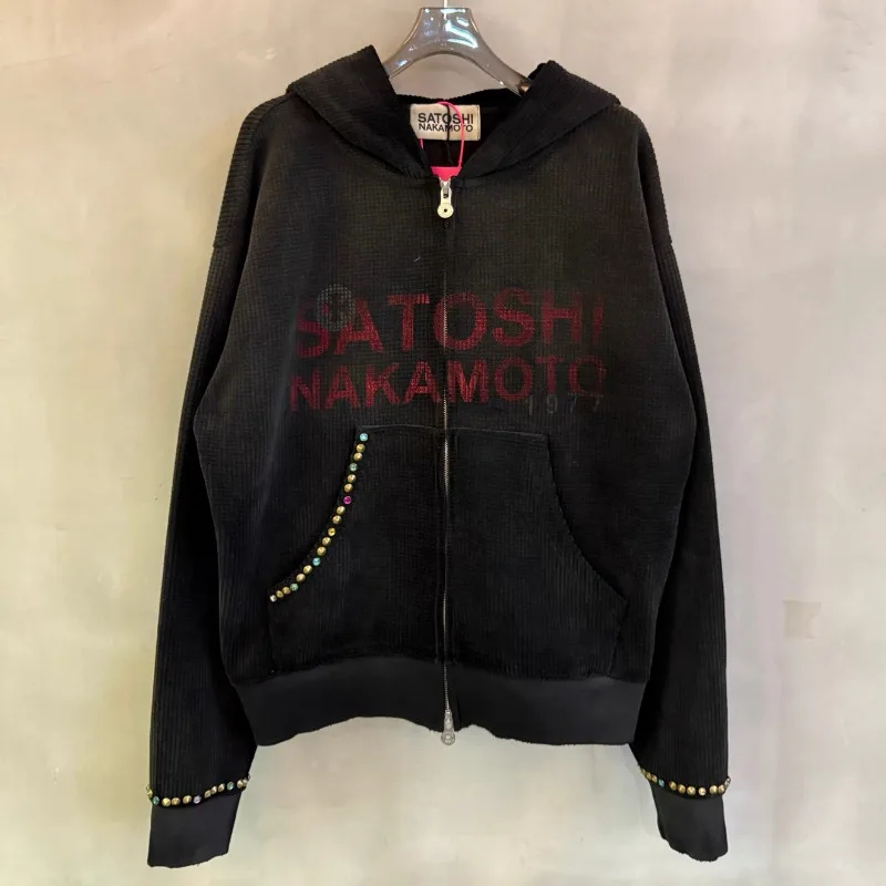 Satoshi Nakamoto Letter Print Hooded Jackets Men Women Colorful Rivets Washed Black Zipper Hoodies