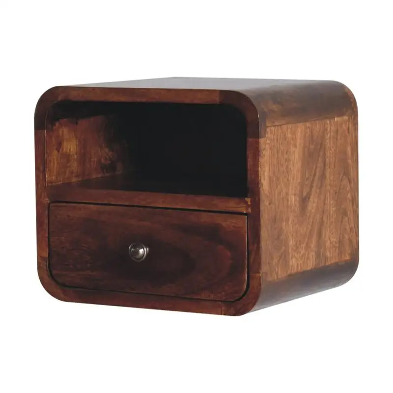 Extra Mini Curved Chestnut Wall-Mounted Nightstand with Open Slot and 1 Drawer Storage Solution