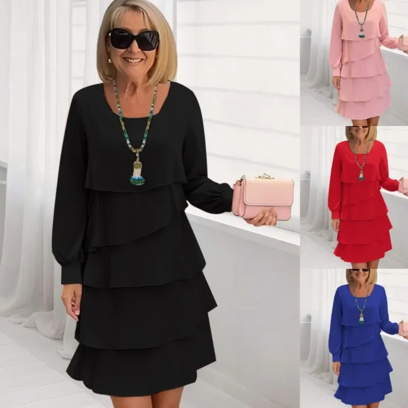 Outono feminino bolo chiffon vestido novo casual elegante o-pescoço festa irregular em camadas manga longa moda mini vestidos para mulher