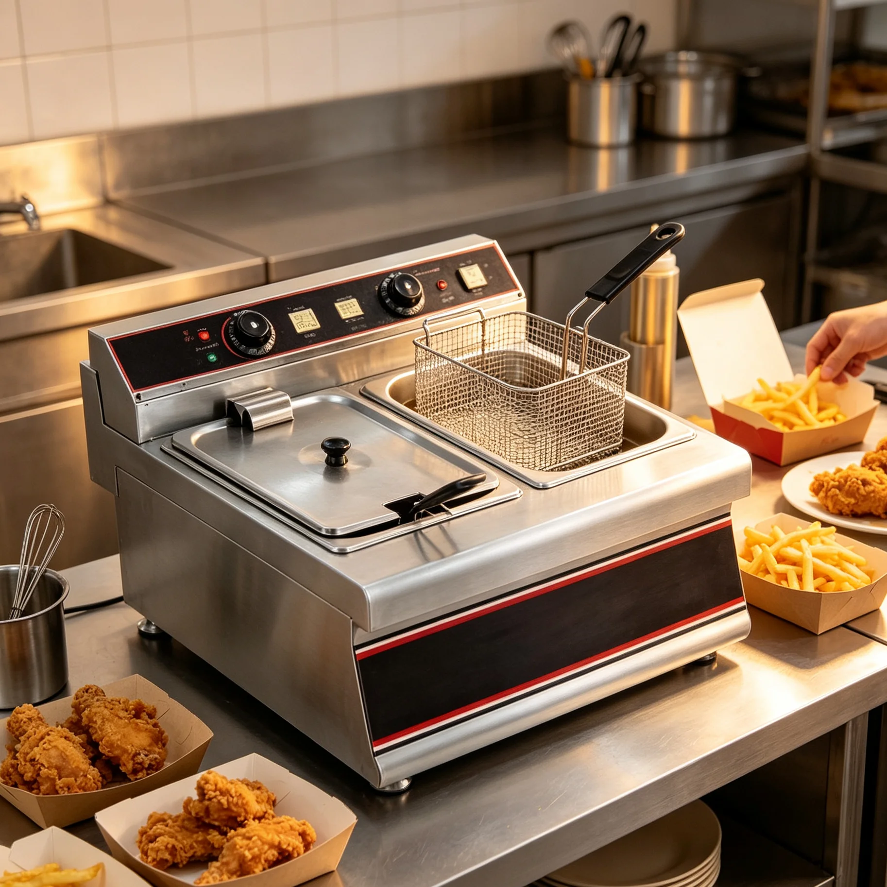 T*&Electric Dual Tank Deep Fryer Countertop 2 Basket Independent Temperature Control Deep Frying Machine for Fast Food Shop