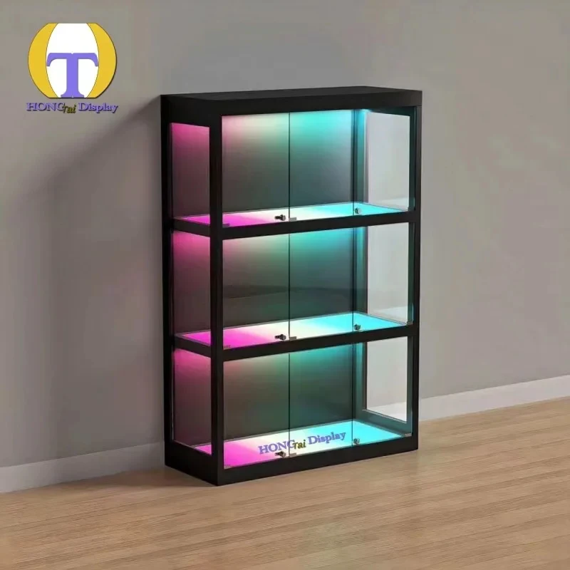 custom.Latest Design Triangular Tempered Glass Cabinet of Black Base Smoke Shop Frameless Glass Display Corner With Lock