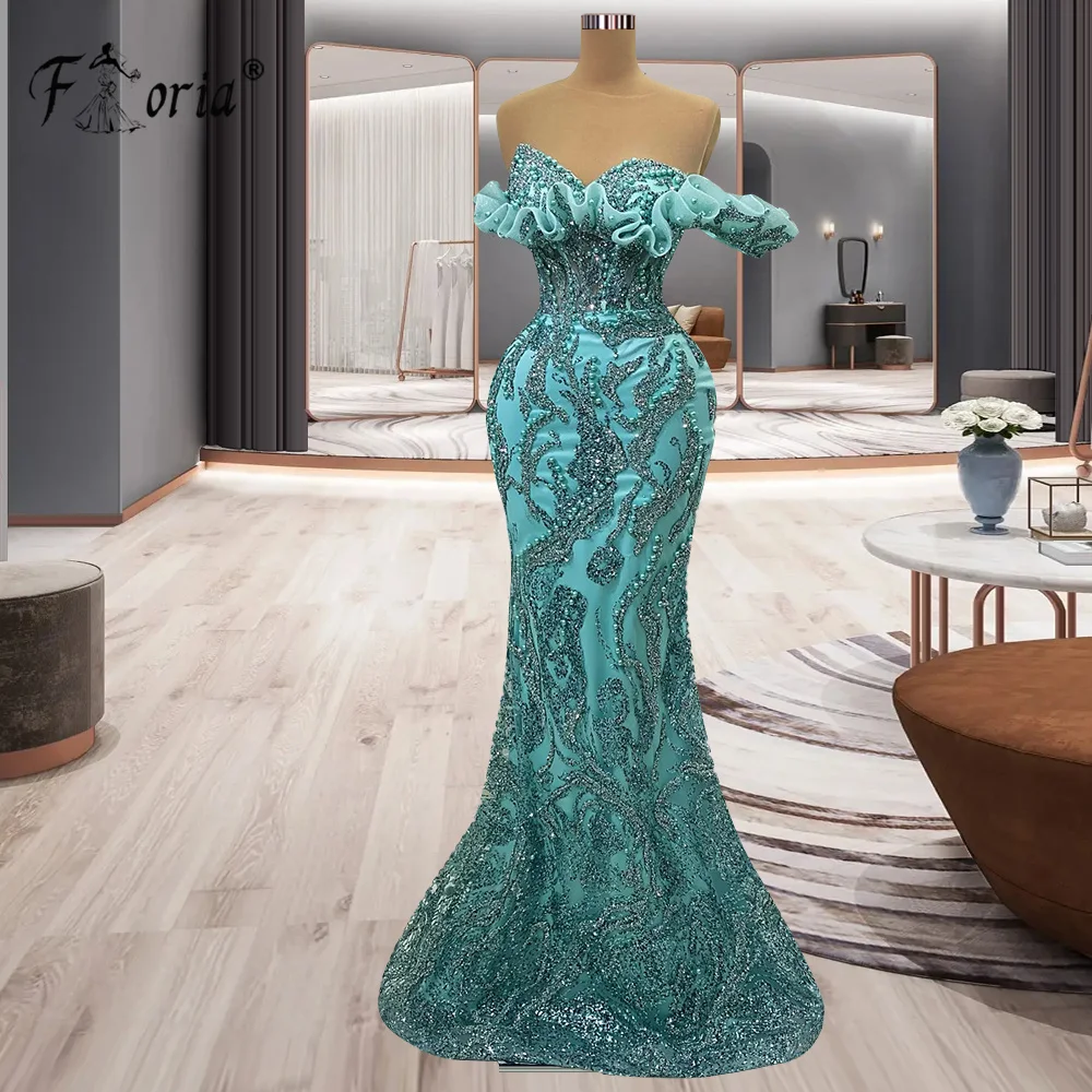 Delicate Crystal Pearls Mermaid Evening Dress Full Beadings Ruffles Sparkly Sequins Backless Green Prom Dresses Robe De Soiree