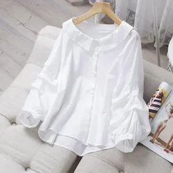 Korean Fashion Blouses Peter Pan Collar Lantern Sleeve Pleated Shirts Solid Color Spring Casual Loose All Match Women Clothes