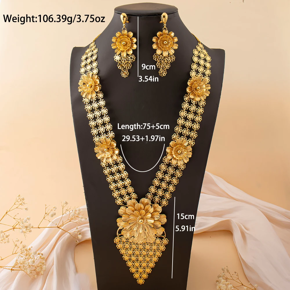Goldene Quastenblume, vergoldete große Halskette im orientalischen Stil, Creolen, ethnische Schmuckaccessoires, Brautgeschenke für Hochzeiten – Detail 6