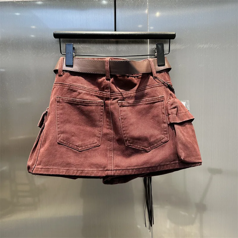 Cargo Denim Skirt For Women Summer Multi Pocket Design High Waist Mini Skirt Solid Color Casual Daily Streetwear Half Pants