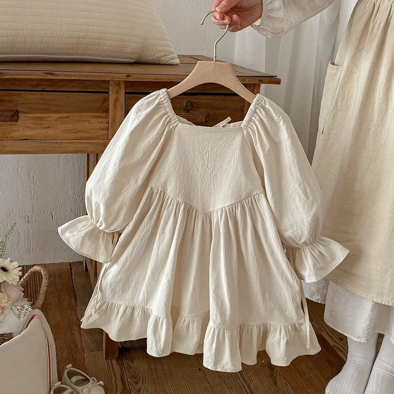 2026 New Spring Children Clothes Kids Princess Dresses Long Sleeved Cotton Solid Color 2-6Yrs Baby Girl Birthday Party Dress