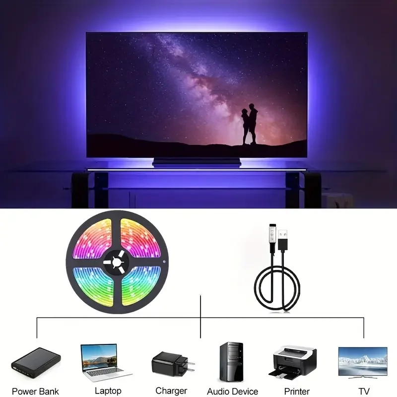 1 Rolle Niederspannungs-5V-Lichtstreifen 5050 RGB Bunter LED-Lichtstreifen mit einfachem Drei-Tasten-Controller, geeignet für Computer- und TV-Hintergründe, Gaming-Atmosphäre, Feiertagsmusik, Bühnenpartys und Heimdekor – Detail 1