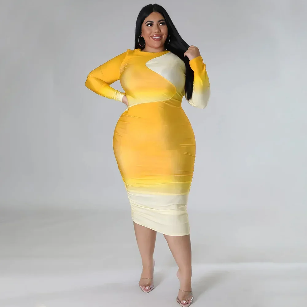 Kxu gradiente impressão elegante plus size feminino o pescoço manga longa bodycon bandage vestido 2024 primavera magro vestidos de festa