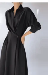 Spring and autumn women's long-sleeved lapel shirt dress, stylish elegant simple commuter Korean long skirt