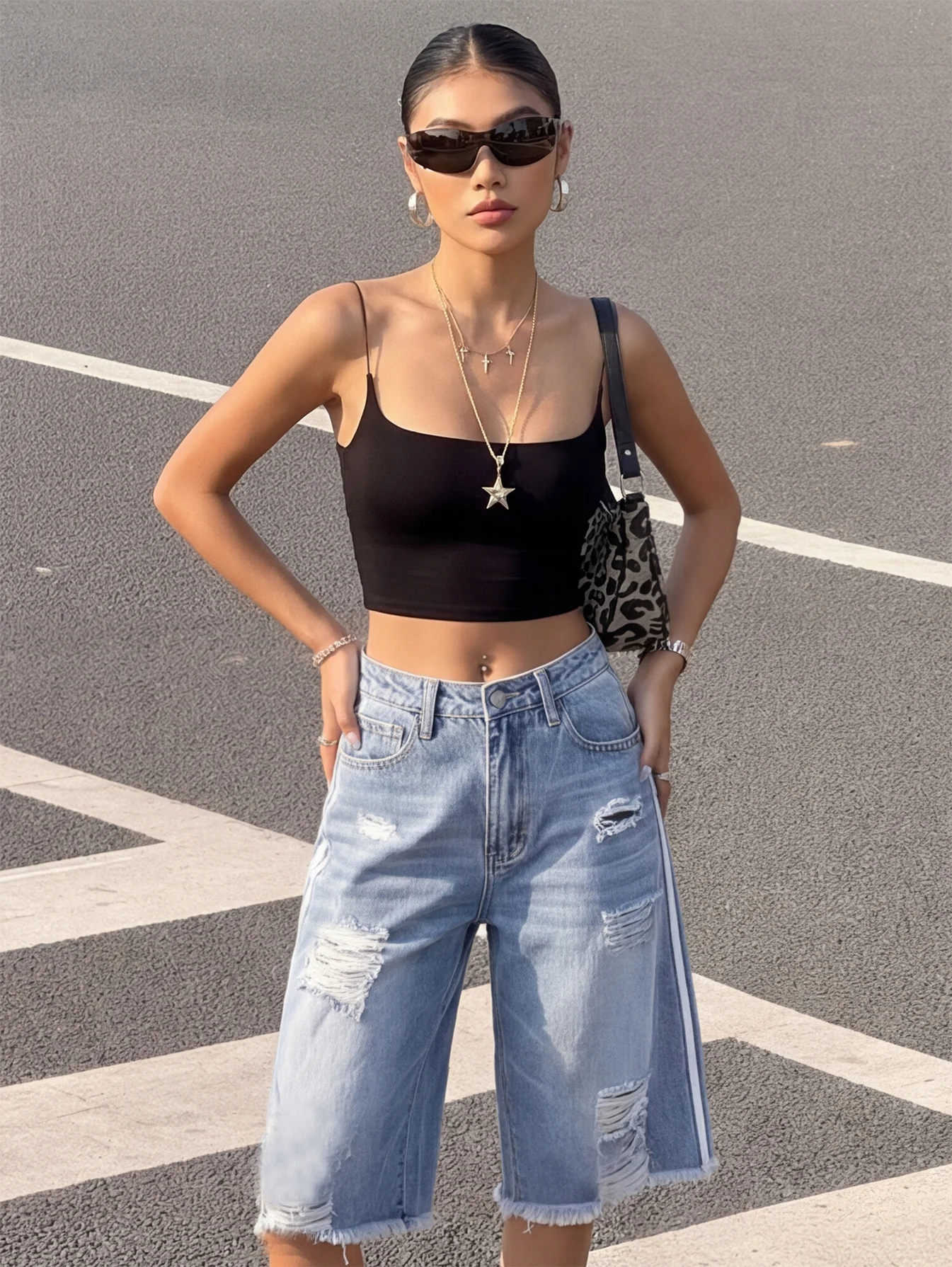 Women High Waist Ripped Distressed Denim Culottes Side White Stripe Fringe Raw Hem Loose Wide Leg Knee Length Jean Shorts With P view 5