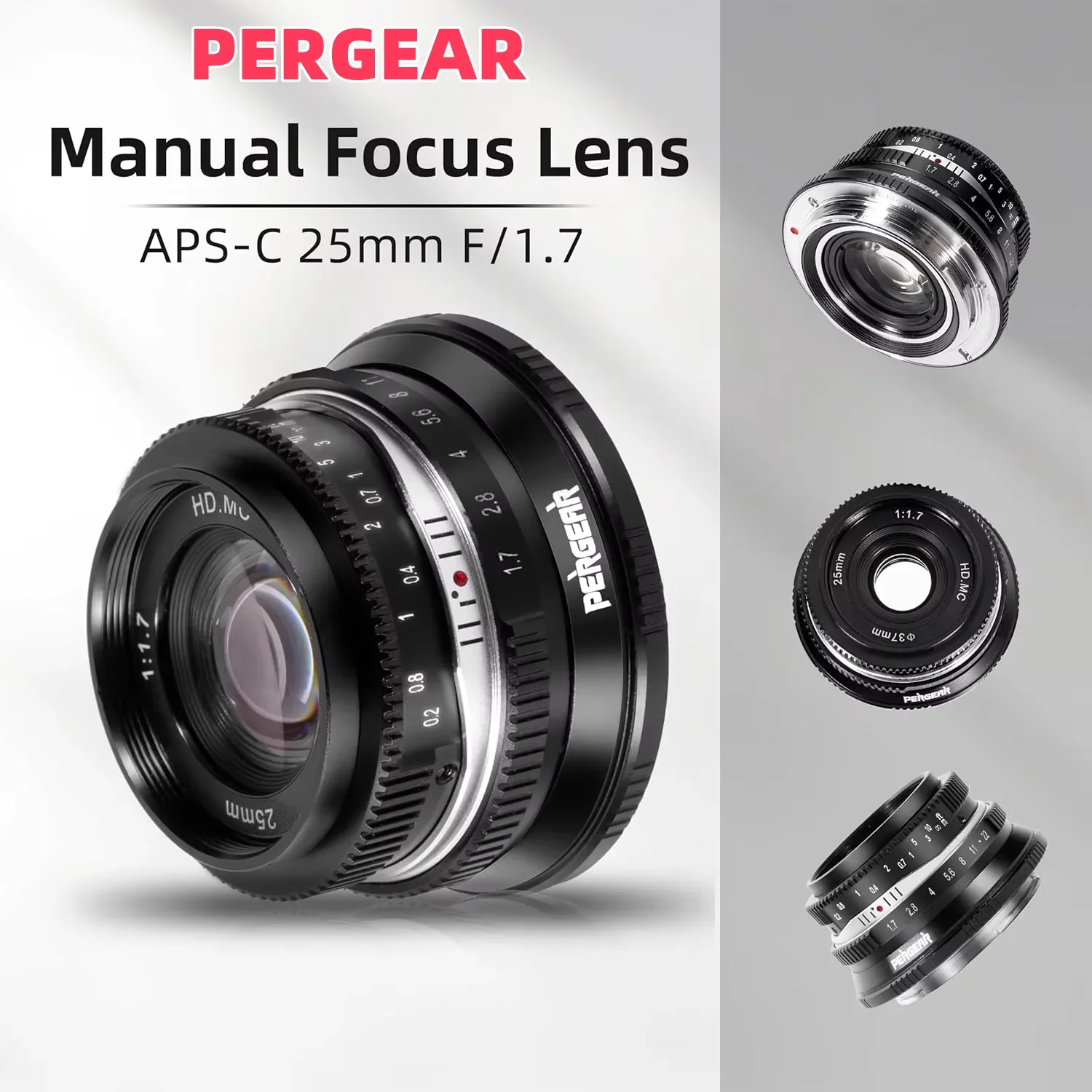 Pergear 25mm F1.7 Manual Camera Lens APS-C for Fuji X Canon RF Nikon Z M4/3 Sony E Mount Large Aperture mirrorless cameras