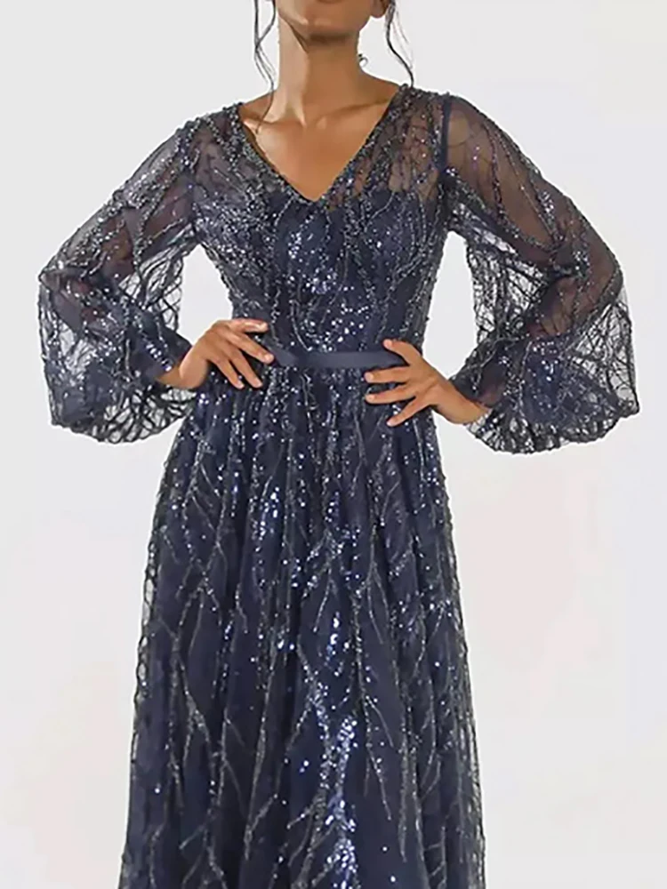 Abito lungo da sera lussuoso con paillettes eleganti da donna Abito lungo da sera con scollo a V a maniche lunghe a vita alta con scollo a V trasparente Abiti lunghi