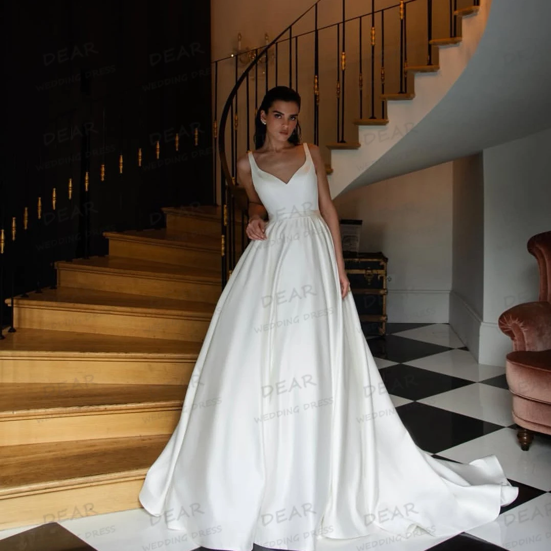 Simple Sexy Wedding Dresses Sleeveless Women Backless Sweetherat A Line Bridal Gowns Satin свадебное платье Customized Vestidos