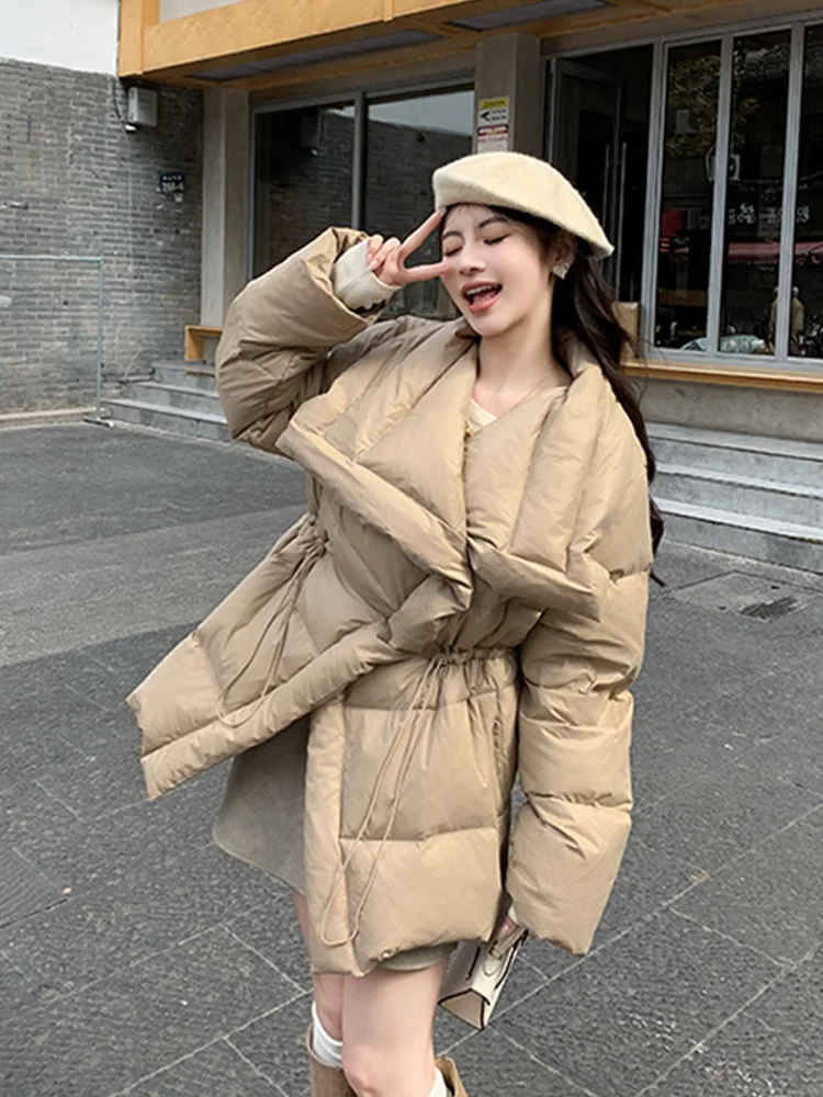 Women\'s Winter Coats White Duck Down Thick Warm Down Jackets Fashion Elegant Large Lapel Collar Tie Waist Short Coats Women