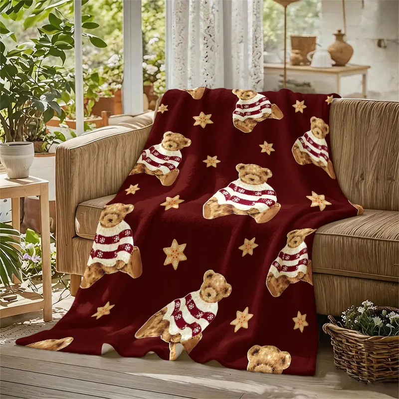 Xmas Teddy Bear Seamless Flannel Blanket Perfect for Sofa Office Bed Travel Sleep Read Relax Camping Four Season Use