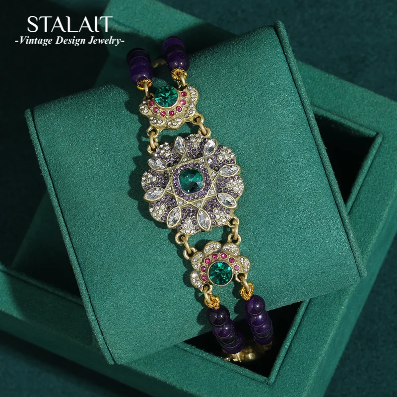 

Vintage Purple Bead Bracelet Green Crystal Flower Charm Rhinestone Chain Bangle Summer Jewelry Antique Gold Color For Woman