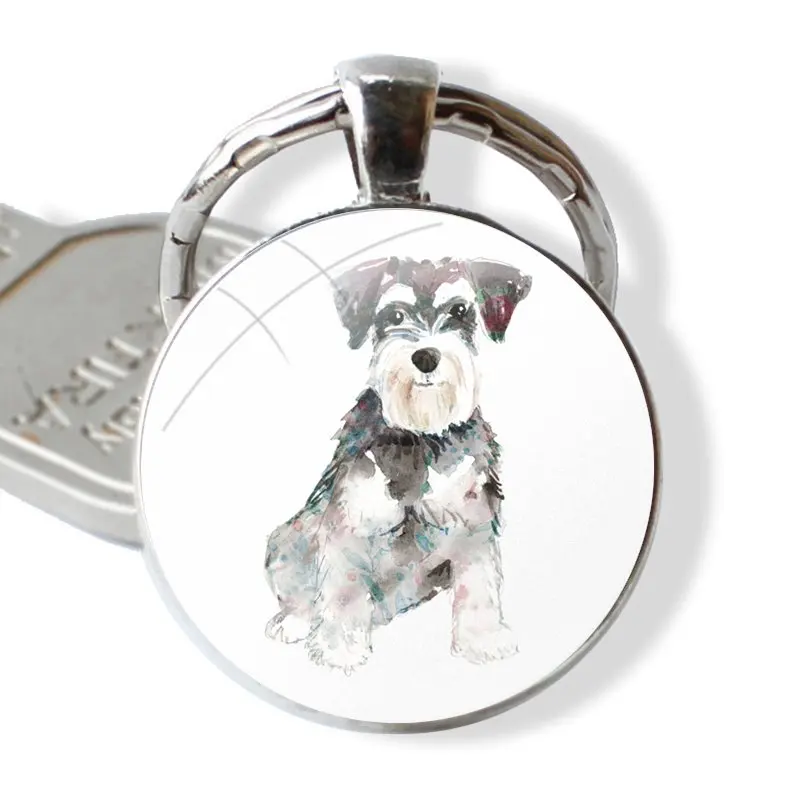 Miniature Schnauzer dog Keychain Handmade Glass Cabochon Key Ring Holder Pendant Key Chains