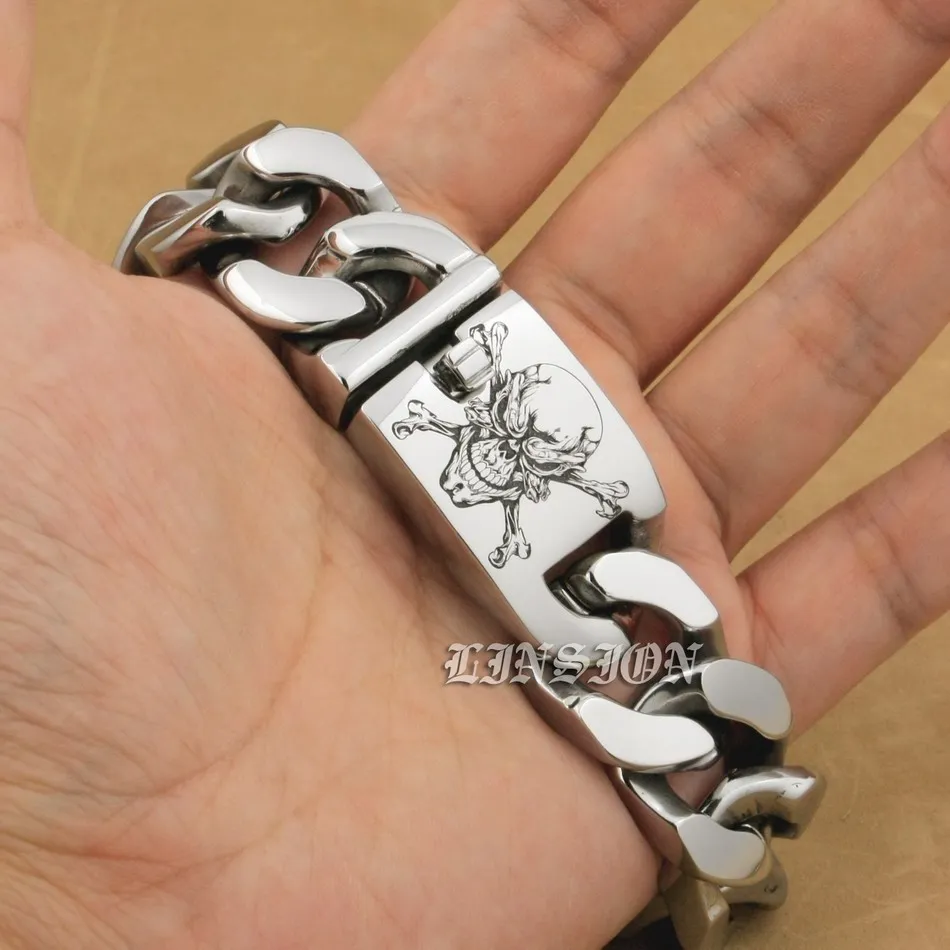 Deep Engraved Pirate Skull Stainless Steel Bracelet Biker Punk Jewelry 5D406