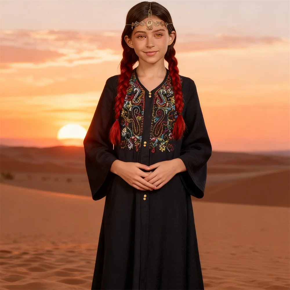 

Марокканское платье макси для девочек Ид Джеллаба, детские мусульманские вечерние платья Рамадан, Дубай, Абая, Турция, кафтан, ислам, детский халат Джалабия