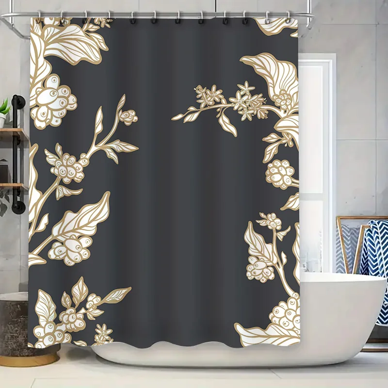 

Luxury Floral Shower CurtainWaterproof Bathroom Decor with Modern Design White Gold Fabric Printed Shower Cords Set for Home Dec