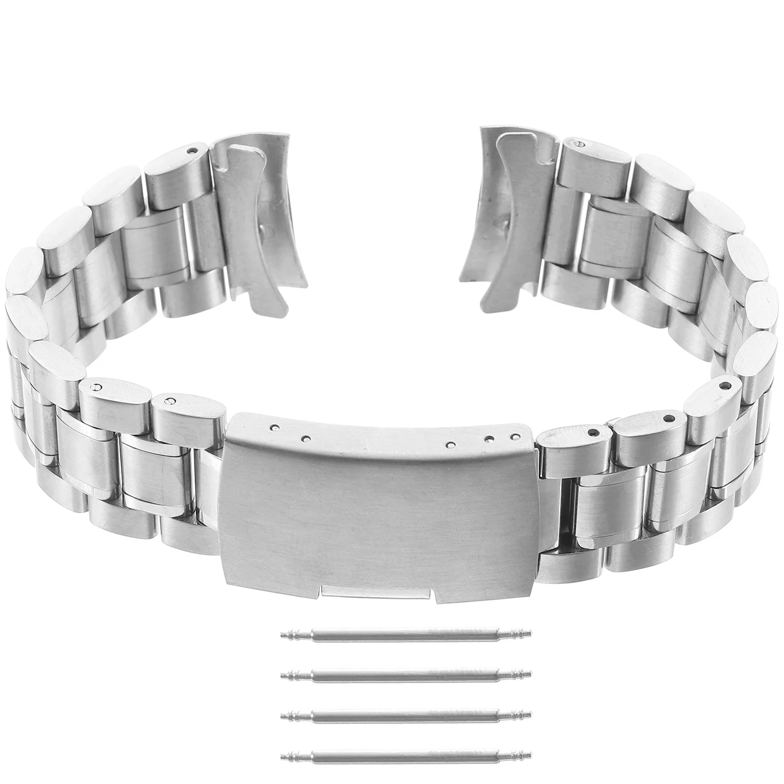 

4pcs Stainless Steel Watch Band 20Mm Silver Curved End Solid Links Strap Foldover Clasp 175Mm Length 3.5Mm Thickness Watch