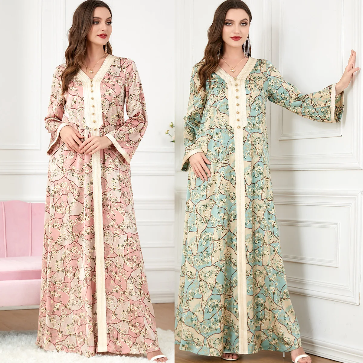 

Women's V-neck Long Sleeve Ankle Length Printed Loose Casual Trendy Simple Basic Dress Middle East Muslim Fashion Female Clothes