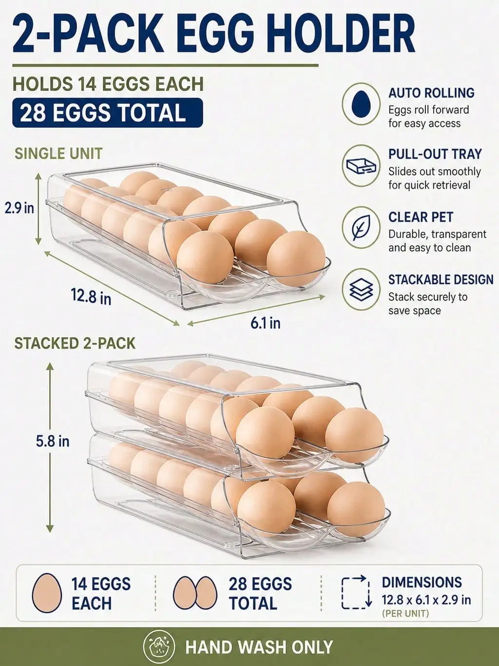 2-Pack Clear Automatic Rolling Egg Holder, Stackable Fridge Drawer Organizer, 28 Eggs Total, Small Kitchen Space Saver