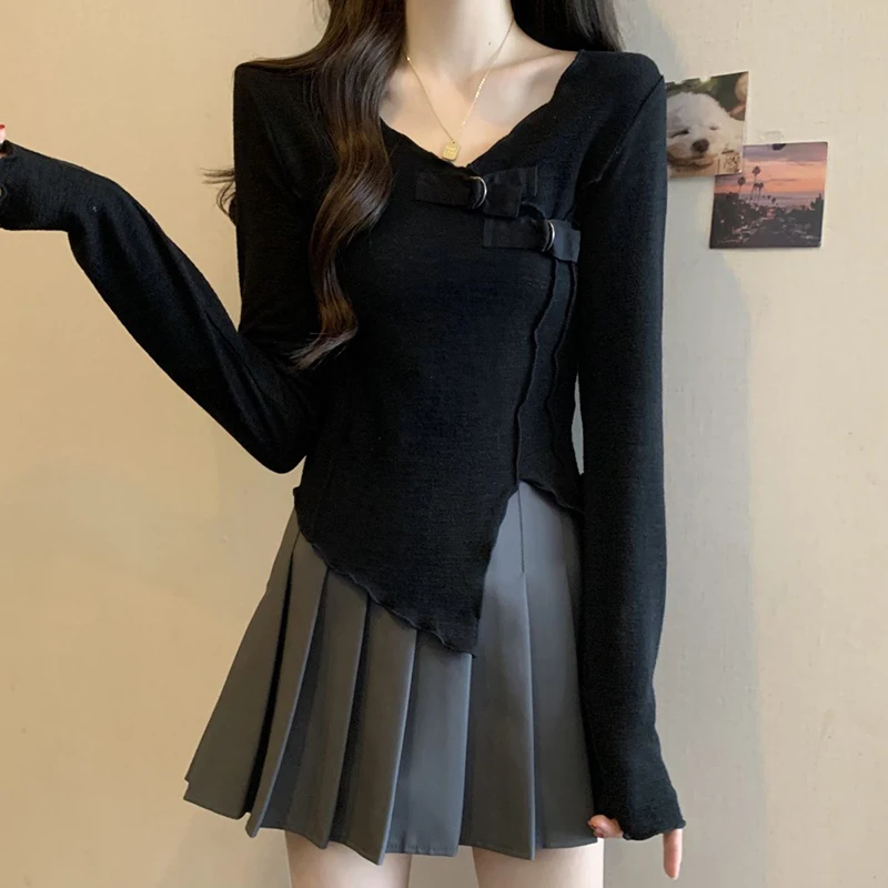 

Irregular V Neck Wood Ears Long Sleeve Women T Shirts Buttoned Fall Vintage Slim Fit Simple 2xl Oversized Basics Clothing Black