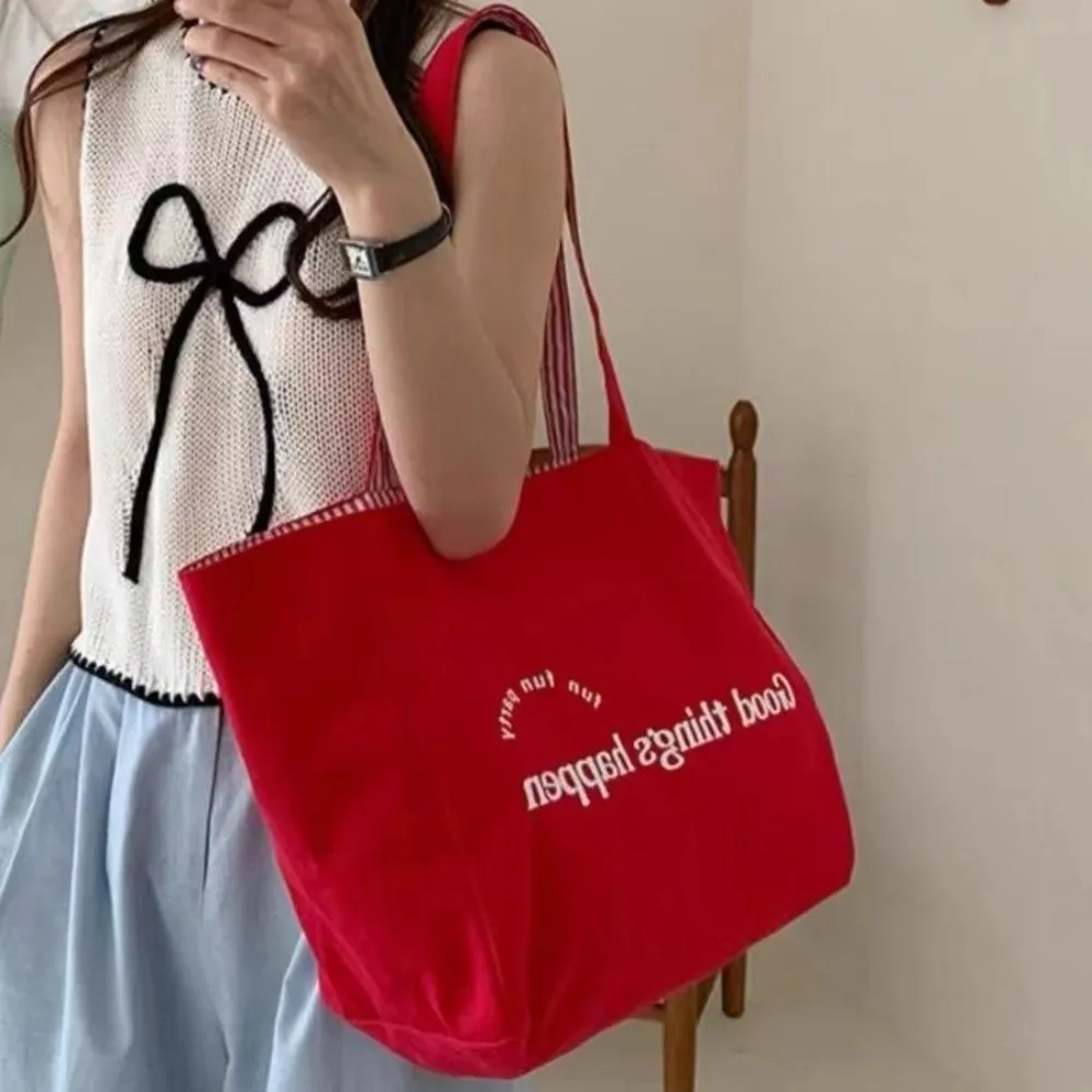 

Red Letter Canvas Shoulder Bags Available Striped Simple Design Women Tote Bag Canvas Material Double-sided Letter Shoulder Bag