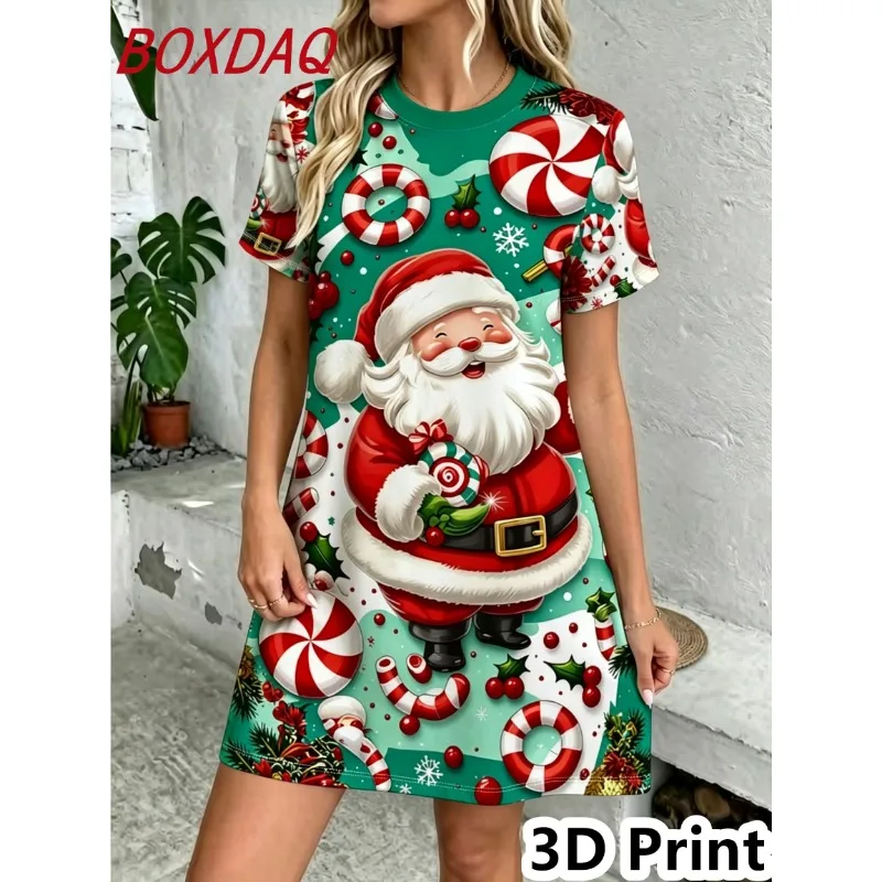 Women Xmas Snowflake 3D Print Short Sleeve Crew Neck Tshirt Dress Loose Casual Christmas Holiday Mini Dress New Year Party Dress