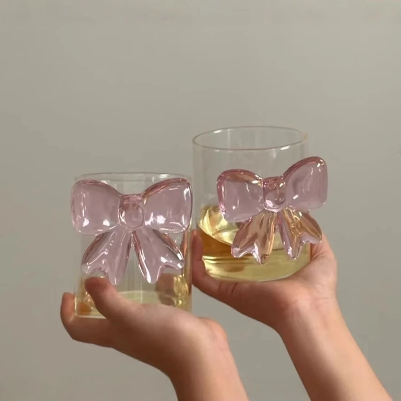 Pink Large Bow Glass Decor Glass Cup Bow Handle Glasses Heat-resistant High Borosilicate Dessert Ice Cream Bowl Party Favours