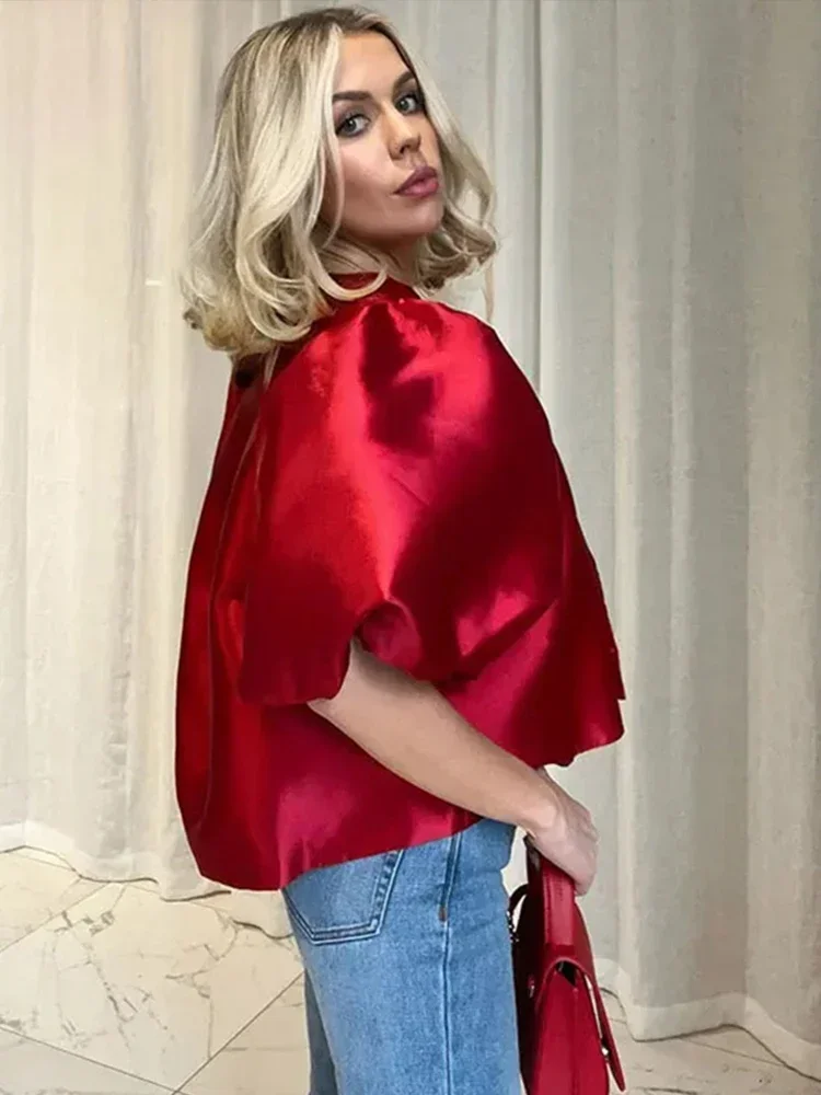 Elegant Satin Shirt Women 2025 Fashion Spring Summer O-Neck Puff Sleeve Shirts Female Casual Classic Solid Tops Ladies Clothing