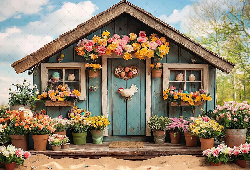 Spring Backdrop Photo Easter Retro Wood House Flowers Kids Birthday Party Portrait Decor Photography Background  Studio