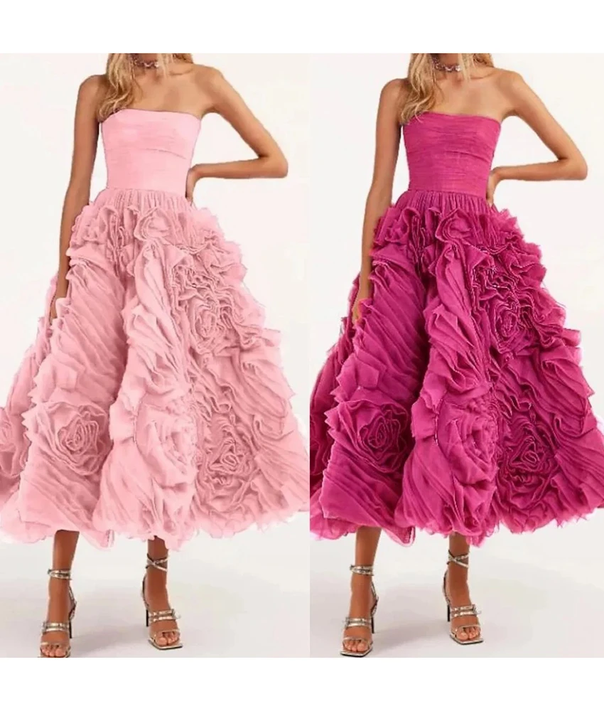 

Victoria Customized Temperament Tulle A-Line Tiered 3D Flowers Evening Dress Sexy Strapless Sleeveless After Party Dress