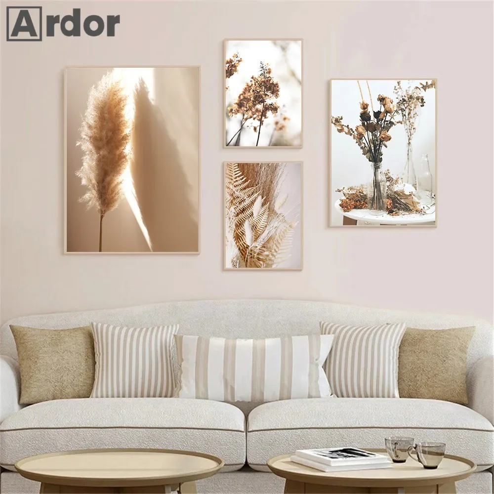 Beige Print Reed Dandelion Canvas Poster Dried Grass Flower Pampas Art Painting Nordic Wall Pictures Living Room Home Decoration