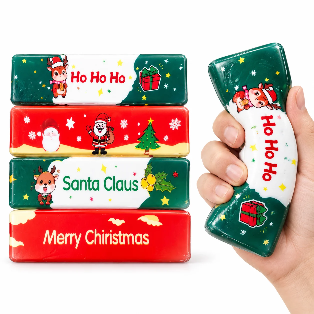 Christmas Cheese Stick Squishy PU Slow Rising Squeeze Toy Santa Reindeer Pattern Fidget Toy Christmas Gift Desktop Ornament