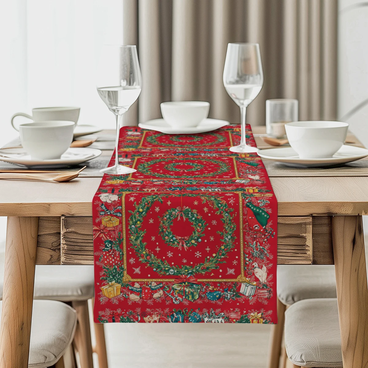 

Christmas Tree Dog Watercolor Table Runners Dresser Decor for Kitchen Holiday Party Table Runner Washable Dining Long Cloth
