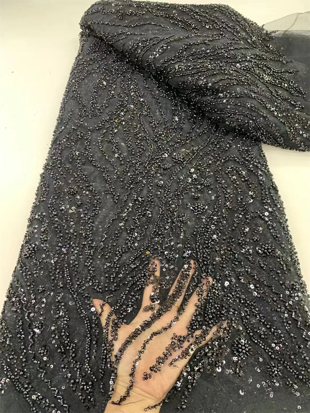 Black nigeran lace fabric 2025 african beads sequin lace high quality groom african party dress for 5yards